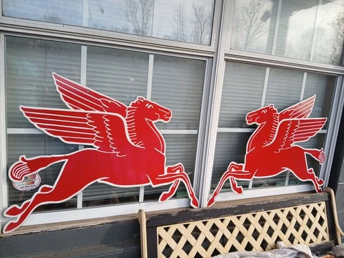 Vtg Set Large Mobil Mobilgas Pegasus Gas Oil Auto Service Station Porcelain Sign