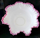 Vintage FENTON Apple Blossom Crest 10" Crimped Bowl Milk Glass Ruffled Edge