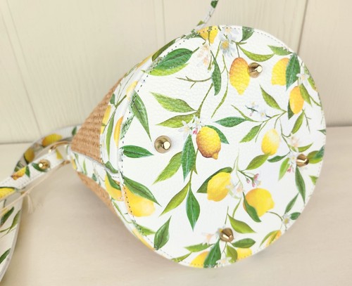 Valentina Raffia Lemon Print Leather Trim Bucket Crossbody Made In Italy NWT - Picture 4 of 21