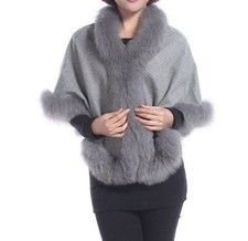 Cashmere Shawl Cape Wrap Scarf with Fox Fur Trim Gray New Real