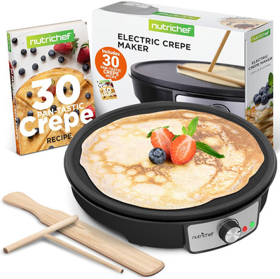 Nutrichef Electric Crepe Maker Pan & Griddle, 12 Inch Nonstick Cooktop, LED Indi