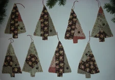 8 CUTTER QUILT TREE ORNAMENTS W/RUSTY PIN & BELL HANDSTITCHED PRIMITIVE XMAS