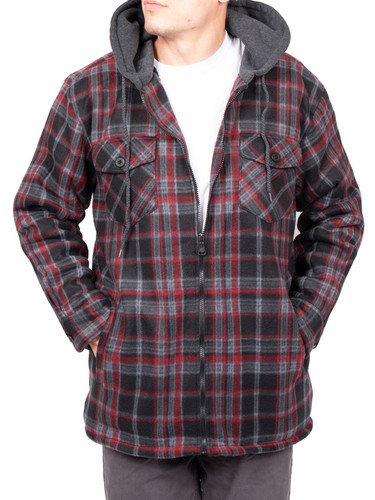 Chaqueta de franela con capucha pesada Sherpa polar a cuadros con capucha grande y alta para hombre - Imagen 29 de 72
