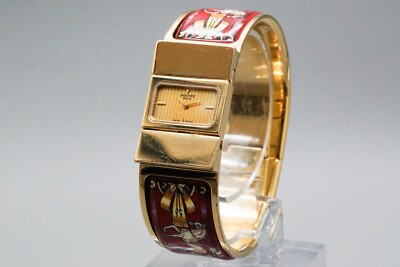 Vintage *Exc+5* HERMES LOQUET L01.201 Enamel Red Gold Tone Bangle Watch