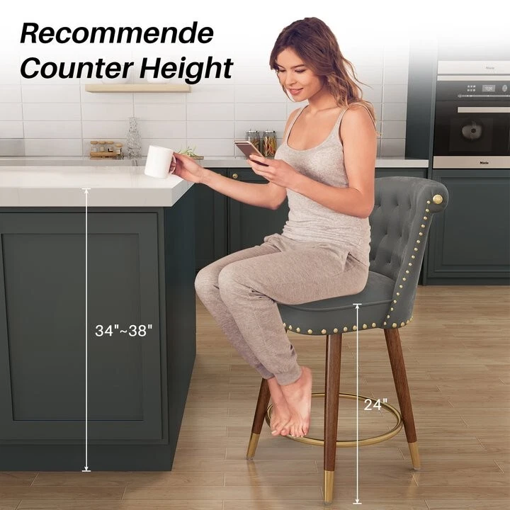 24" Velvet Counter Height Bar Stools Swivel Bar Stools Set of 2 Wood Legs Gray - Image 2 of 4