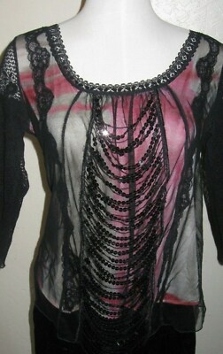 Ladies Lace Top sequin accents Burgandy beige blk Gothic Posh Sleek Sassy  M-L