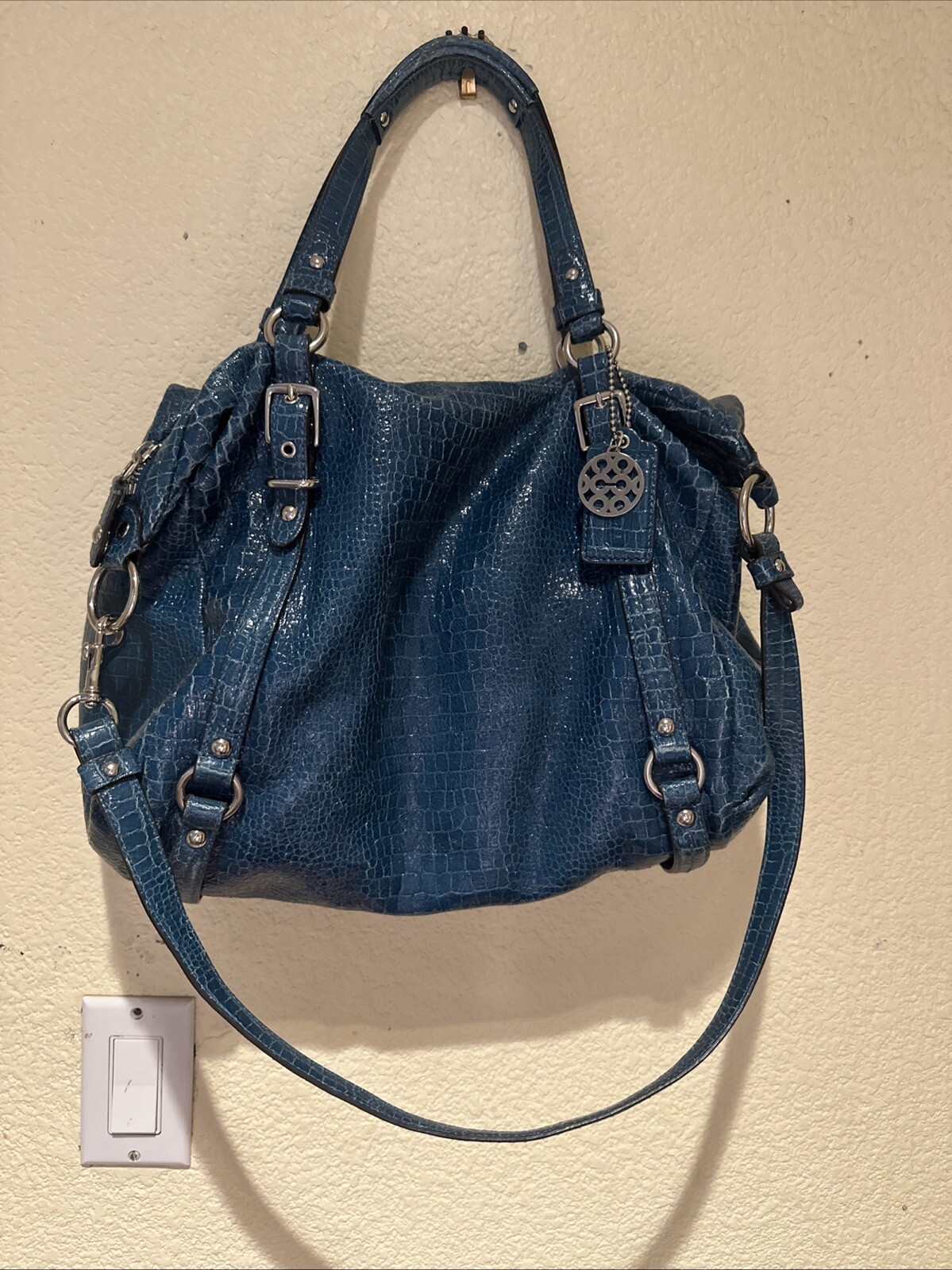 Teal XXL Reptile Leather Coach Crossbody Handbag with Strap-image