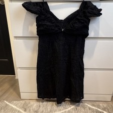 Urban Outfitters Black Solid Eyelet Smocked Fit & Flare V-Neck Short Dress M