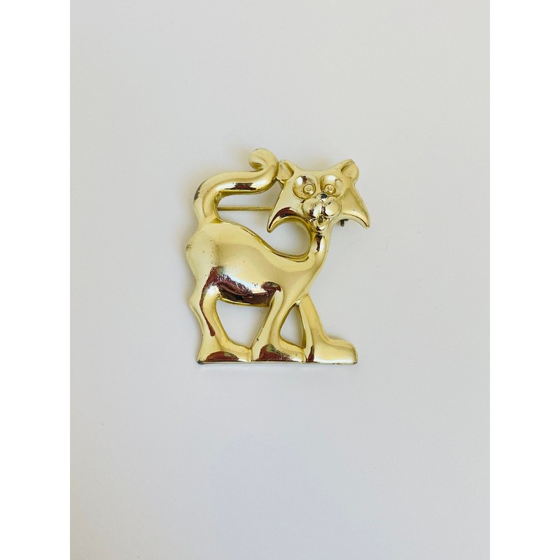 Vintage Bright Gold Walking Cat Brooch Pin Large Cartoon Animal Pet Lover Gift