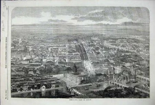 Original Old Antique Print Birds Eye View City Berlin Houses River Boats 1858