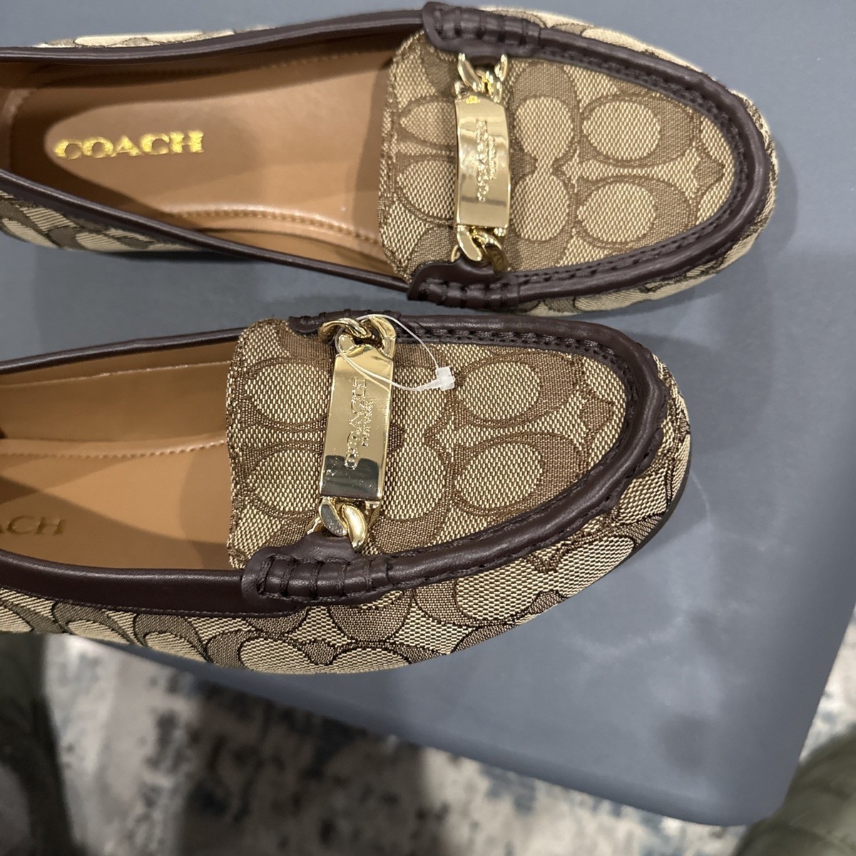 New Coach Signature Logo Jacquard Loafer Flats Brown Women's Slip
