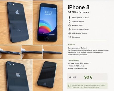 Apple iPhone 8 - Schwarz, 64GB, ohne Simlock