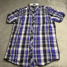 Roar Shirt Men Medium Short Sleeve Purple Plaid Embroidered Y2K Cross *DESC