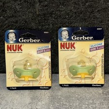 2 Vintage HTF Gerber Nuk Latex Pacifier Size 1 0-6 Months green, yellow