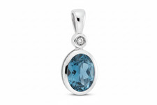 Image of London Blue Topaz and Diamond Oval Solitaire Pendant 9ct White Gold Real Stones