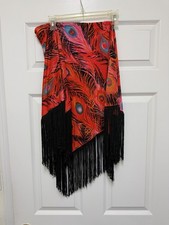 Peacock Feather Print Scarf Shawl Orange 60 X 25" additional 9-inch Fringe
