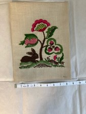Vintage Bunny Rabbit Floral Crewel Work Embroidery On Linen Paragon Needlecraft