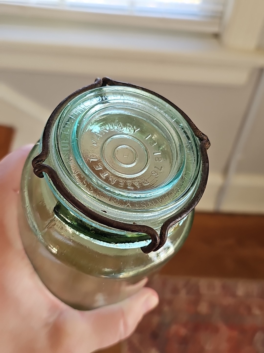 Apple green Cohansey fruit canning jar tall cylinder quart aqua wire lid Mason