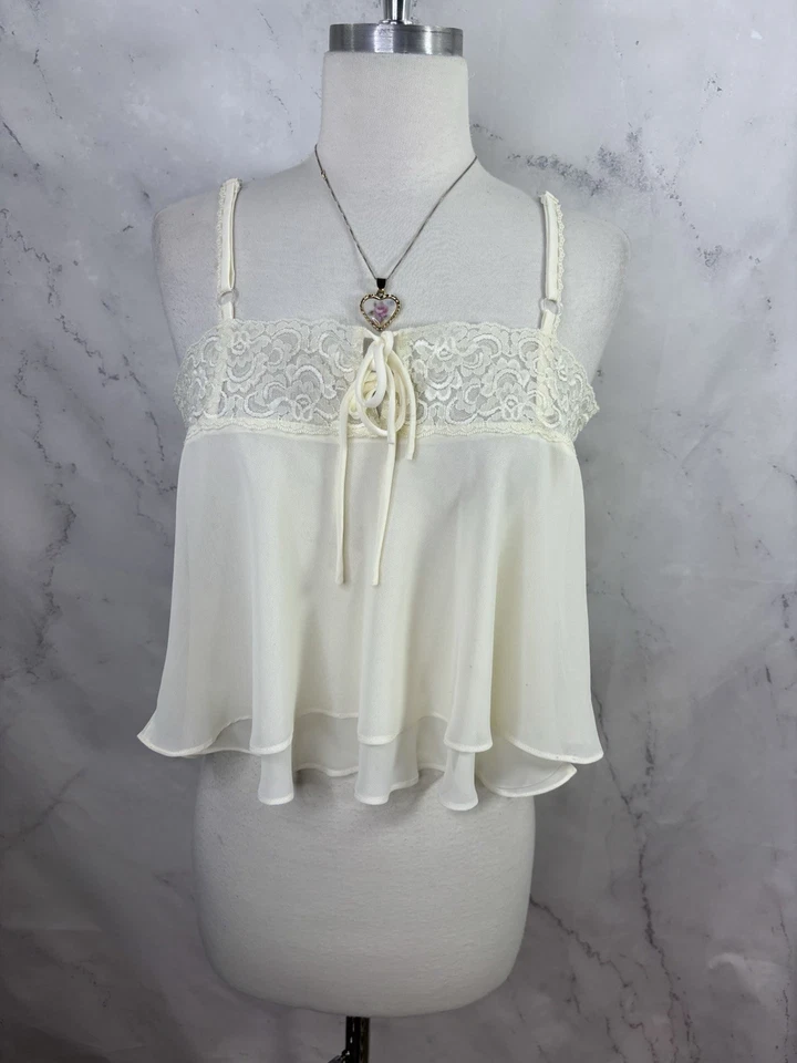 Y2K Vtg Babydoll Top Blouse M Coquette Feminine White Lace double Lined Angel - Image 3 of 4