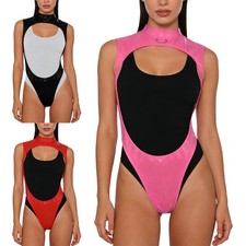 Women Bodysuit Wet Look Jumpsuit Metal Leotard Backless Glossy Patent Mock Neck