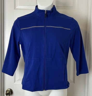 Be Inspired Jacket Womens Large Blue Full Zip 3/4 Sleeve Athletic Stretch Logo