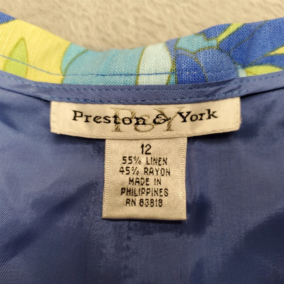 Preston York 裙子女式 12 码蓝色绿色花卉衬里亚麻混纺流畅 A 字 — 第 3/4 张图片
