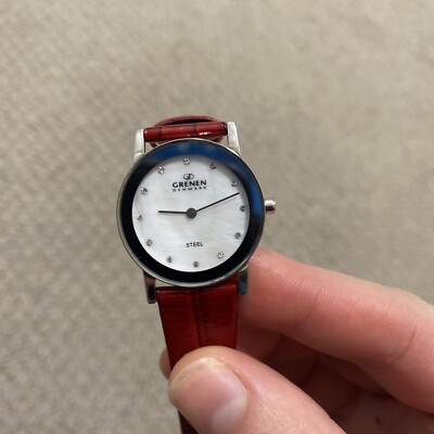 NWOT Grenen Denmakrk Stainless Steel Genuine Leather Red Silver Jewel Watch