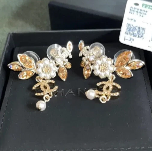 USA Seller Chanel pearl gold crystal flower earrings cuffs authentic rare 2022