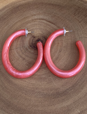 Vintage 80s 90s Hoop Earrings Large Coral Pink Lucite Drop