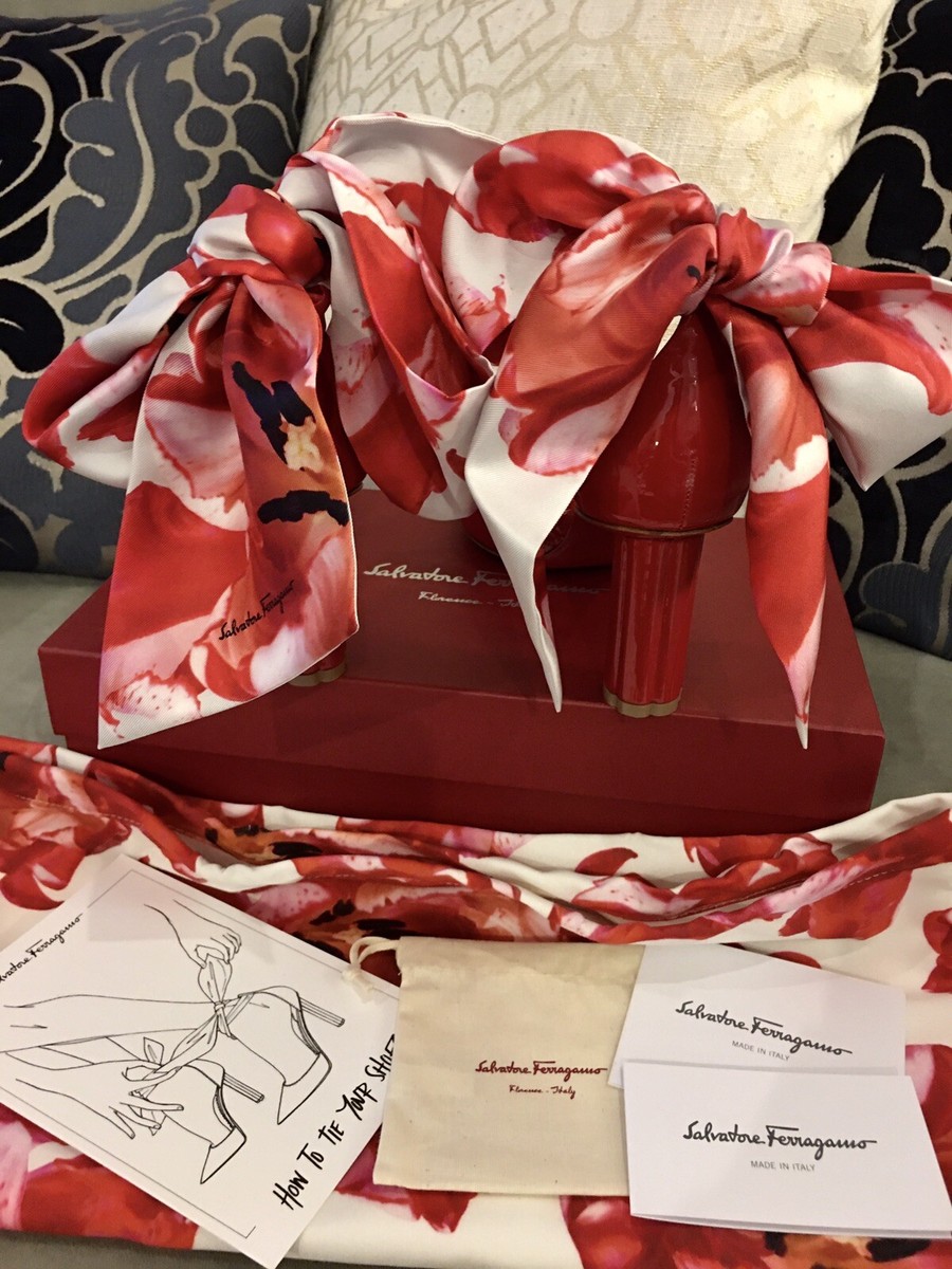 $785 NIB Salvatore Ferragamo Sorano Red Patent Leather Silk Scarf 