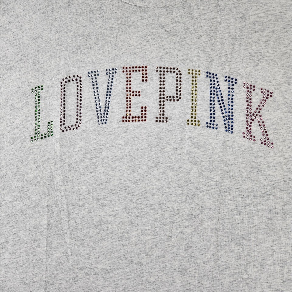 NEW Victoria's Secret PINK Campus Tee Shirt XL Gray Rhinestones Love