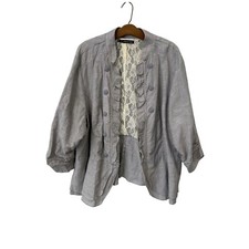 Maurices Jacket Size 4 Ruffle Trim Gray 3/4 Sleeve Linen Blend Floral Lace