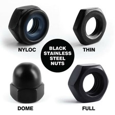 Black Stainless Steel Nuts A2-70 Full, Thin, Dome, Nyloc Nuts M3, M4, M5, M6, M8