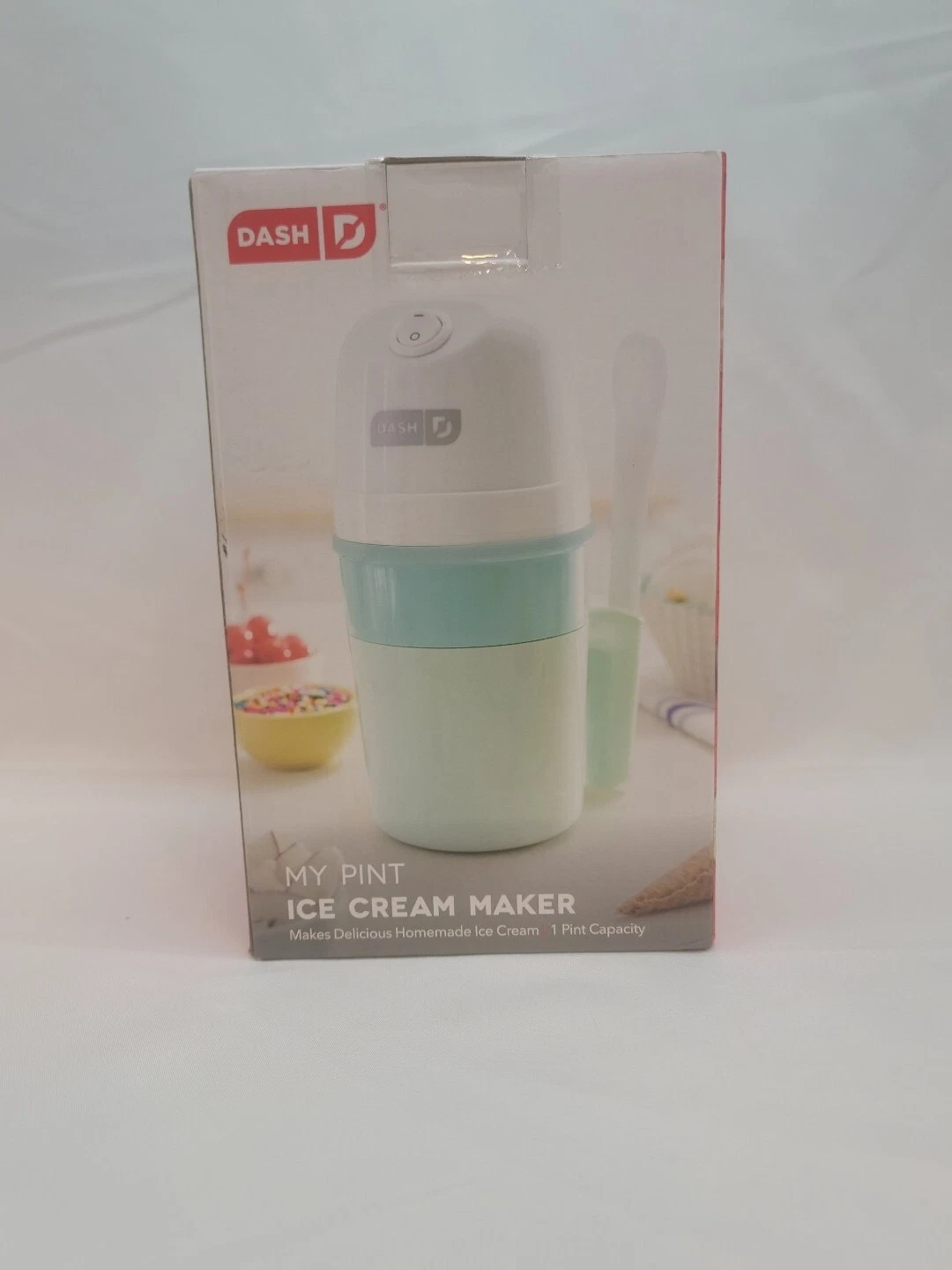 Dash My Pint Ice Cream Yogurt Sorbet Maker Aqua & White w/ Mixing Spoon, New
