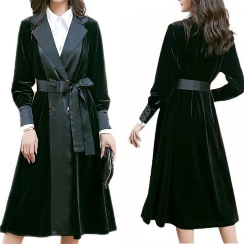 Donna Velluto Abito Cappotto con Cintura Elegante Patchwork Bottoni Affari  Festa | eBay