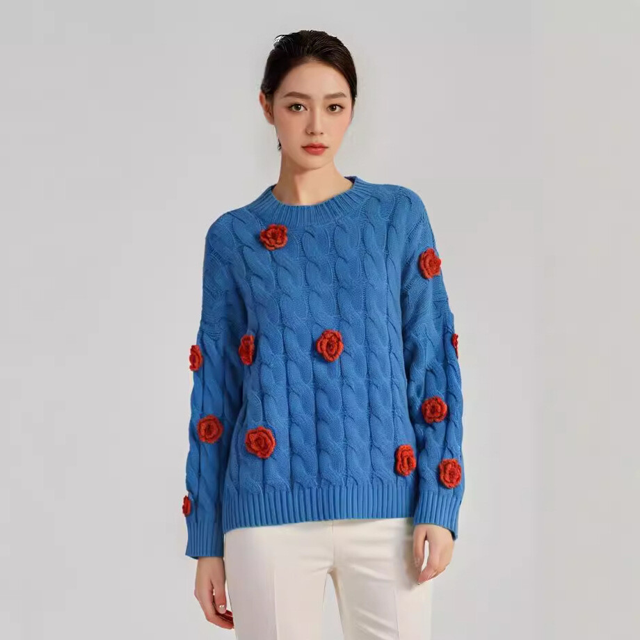 Vintage Rose Flower Sweater Women's Retro Pullover Knitted Top