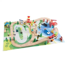 Hey Play 75-Piece Wooden Train Set with Play Mat Great For Christmas