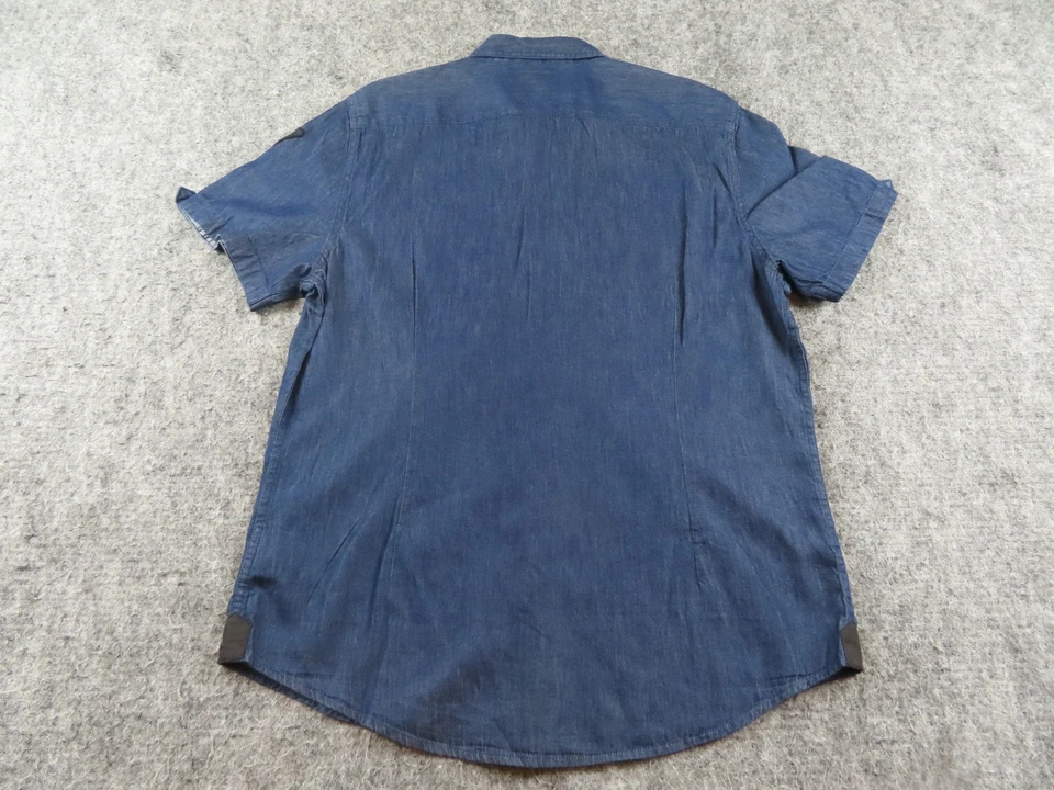 Guess Shirt Mens Large Blue Chambray Denim Dark Wash Slim Fit Short Sleeve NEW - Image 4 of 4