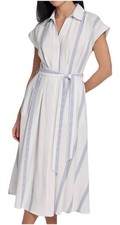 NWT Calvin Klein Striped Collared Neck Shirt-Dress, 10, White/Regatta, $169
