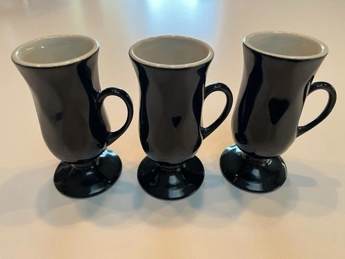 (3) VINTAGE HALL USA Pedestal Irish Coffee Mugs BLACK 4-3/4” Tall #1270 EUC