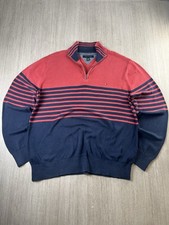 Tommy Hilfiger 1/4 Zip Sweater Mens XL Red Navy Blue Striped Cotton Jumper