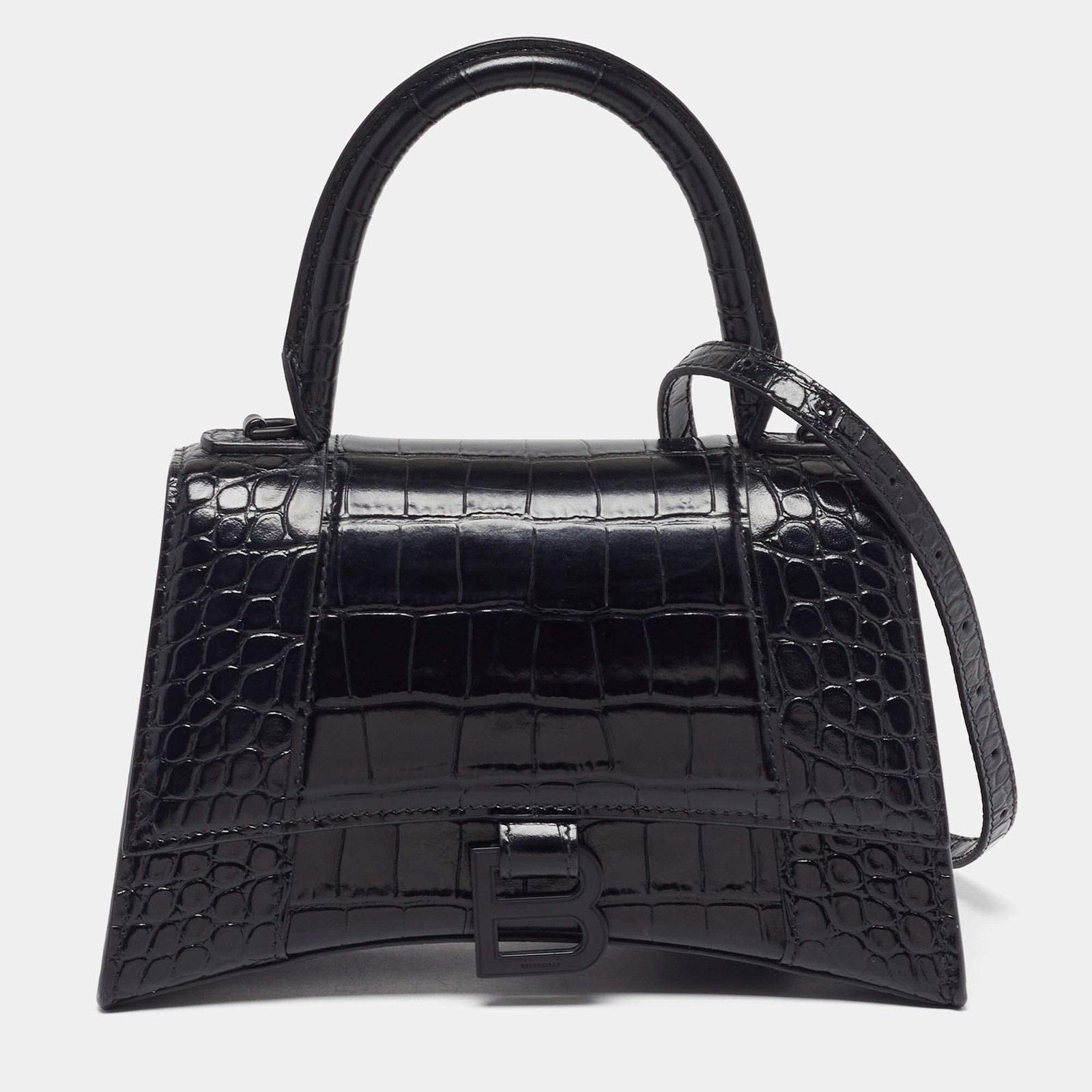 Balenciaga Hourglass Small Black Croc Embossed Leather Top Handle Bag