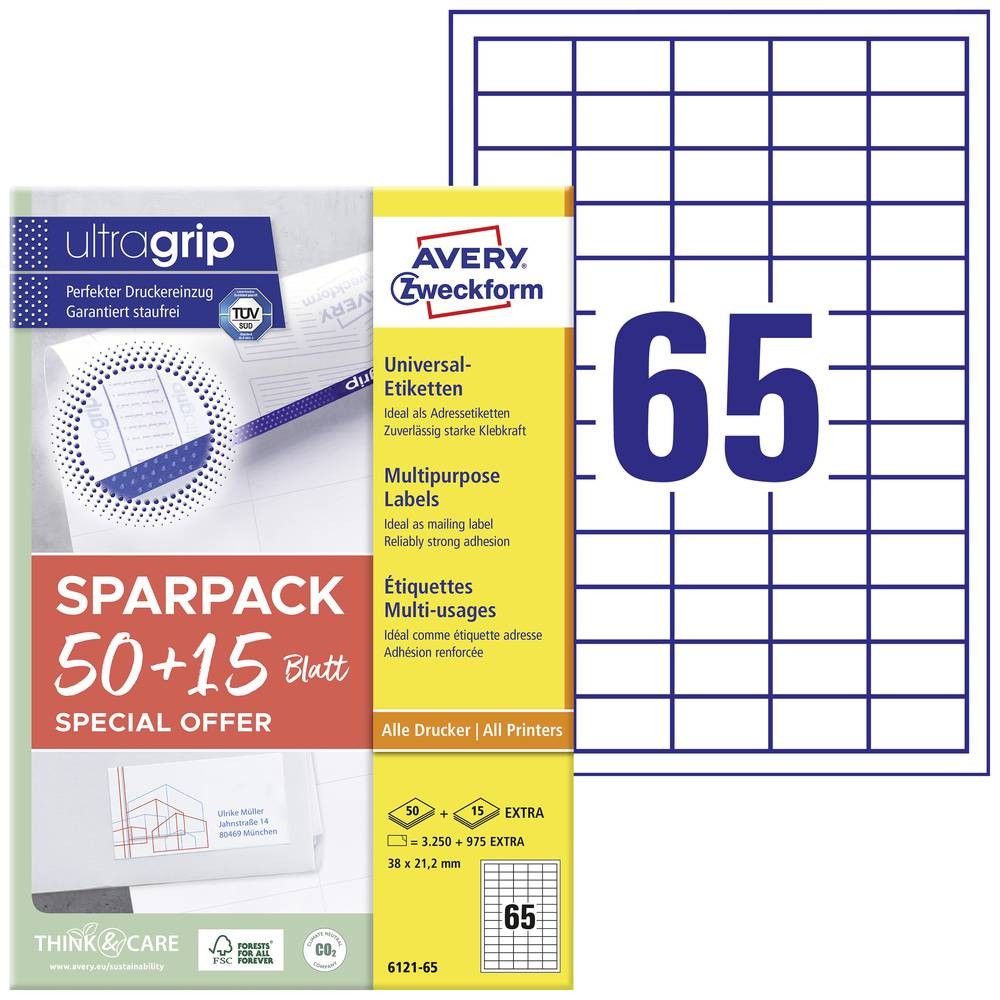 Etiquettes universelles 38 x 21.2 mm Avery-Zweckform 6121-65 en papier blanc