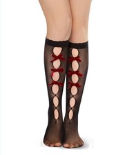 Benefeet Sox Womens Black Fishnet Knee High One Size, Black, Red Velvet Bow