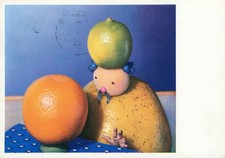 Südfrucht Männchen, Orange, Zitrone, Künstler-Postkarte, Rox Karte um 1960