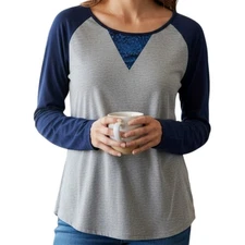 Denim & Co. Active Women's Top 1X Sequin Neckline Accent Contrasting Blue Sleeve