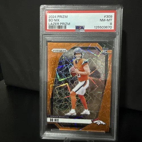 2024 Panini Prizm Football Bo Nix Orange Lazer Prizm RC #309 PSA 8