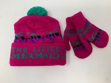RARE Vtg Disney The Little Mermaid Beanie Mittens Hat Kids Pink Knit Pompom 90s