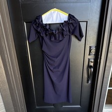 Xscape Navy Ruffle Ruched Off Shoulder Knee Length Bodycon Dress Size 8
