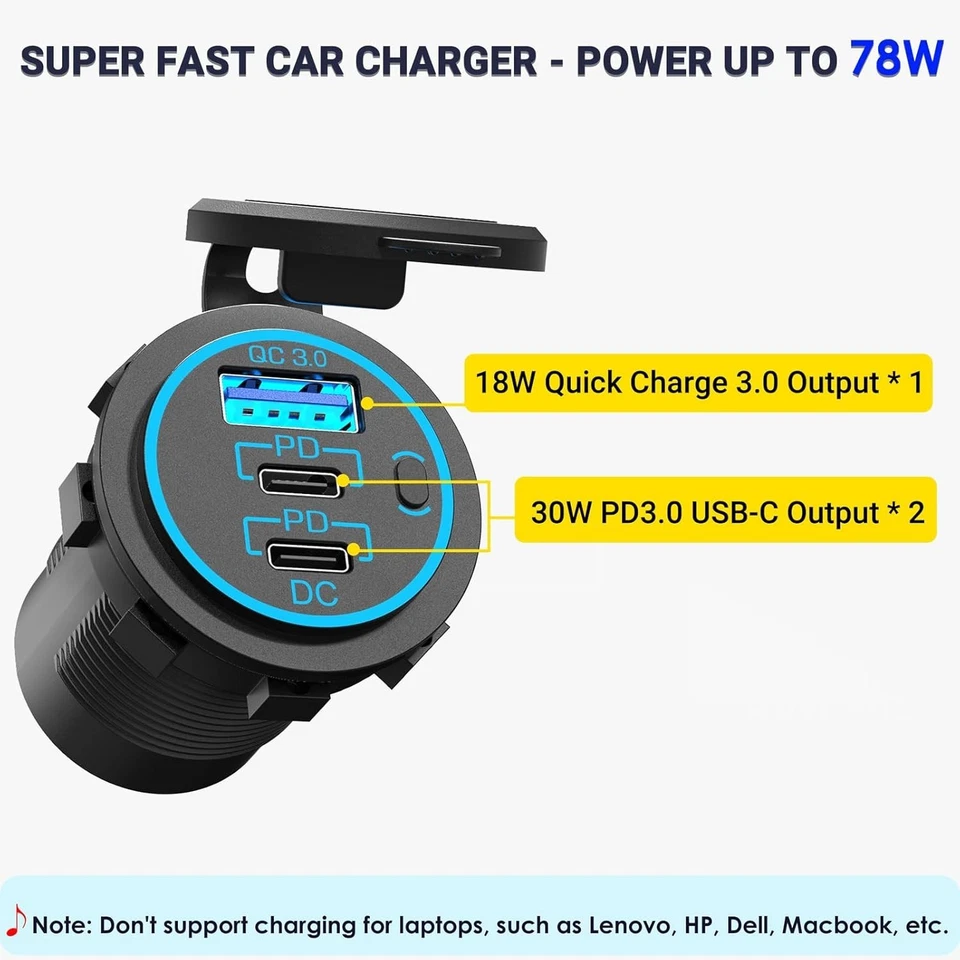 Waterproof USB C Car Charger Socket, 12V USB Outlet - 2 Pack with 78W Power - Image 4 of 4